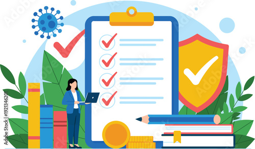 Business woman using laptop near checklist and safety shield amidst coronavirus concept illustration