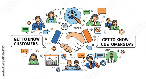Customer relationship management illustration with handshake and people icons around get to know customers day concept with business communication symbols