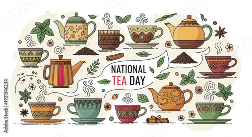 National tea day celebration with various tea cups and teapots surrounded by leaves and spices on a beige background