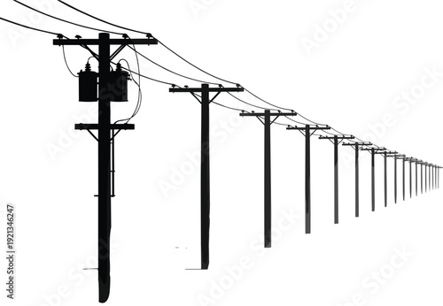 Silhouette of utility poles with power lines in perspective, electric transmission cable towers, industrial wooden telegraph poles isolated on white background, vector,