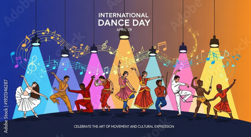 International dance day celebration with dancers under colorful stage lights