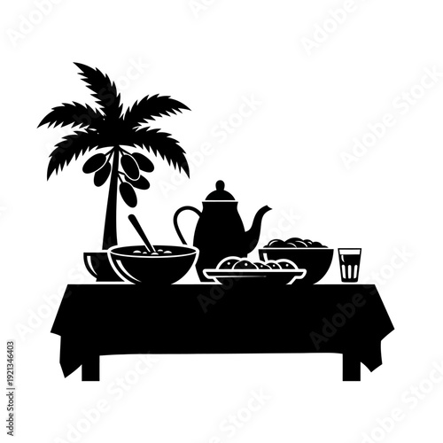 Black silhouette of a tropical table setting with palm tree, teapot, and dishes isolated on white background