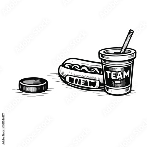Hand-drawn illustration of a stadium drink cup with lid, straw and team logo print, sports fan beverage, black and white engraving style, isolated clipart.