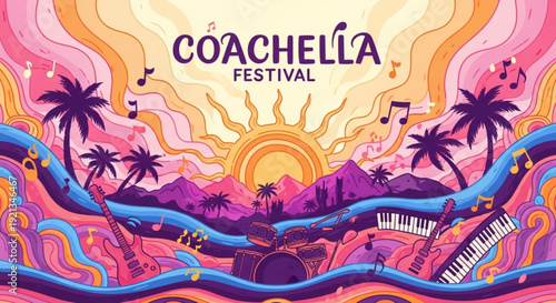 Vibrant coachella festival poster with palm trees musical instruments and sunset background