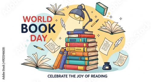 World book day illustration celebrating reading with stack of colorful books lamp and papers