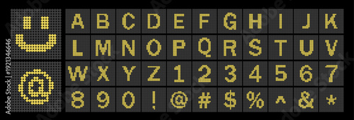 LED Digital Alphabet and Numbers Display Set, Electronic Dot Matrix Airport Board Font, Yellow Light Sign Characters Vector Illustration