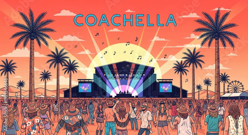Vibrant coachella music festival scene at sunset with palm trees and crowd
