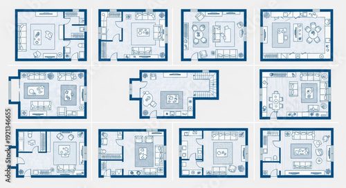 Collection of diverse architectural floor plan layouts for residential homes.