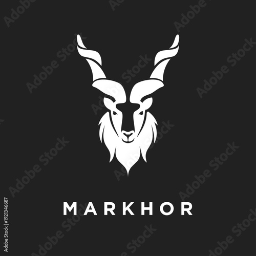 Minimalist Markhor Head Logo Design. Wild Mountain Goat Symbol and Emblem Illustration.