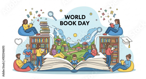 Children celebrating world book day with books and imagination
