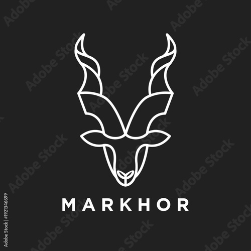 Minimalist Markhor Goat Head Logo with Twisted Horns Line Art Design