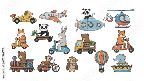 Playful Animal Transport: A delightful collection of charming animal characters embarking on various modes of transportation, each radiating unique personalities.