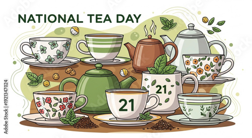 National tea day celebration with assorted tea cups and teapots on a wooden table with tea leaves