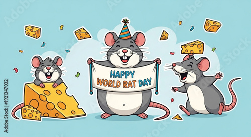 Three cheerful cartoon rats celebrate world rat day with cheese and party hat on light blue background