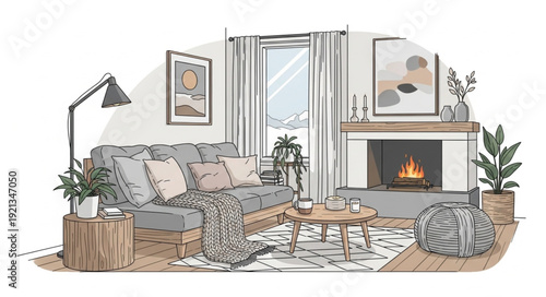 Cozy living room interior sketch with fireplace and sofa.