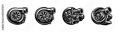 Turbocharger vector icons set. car engine symbols. automotive parts collection