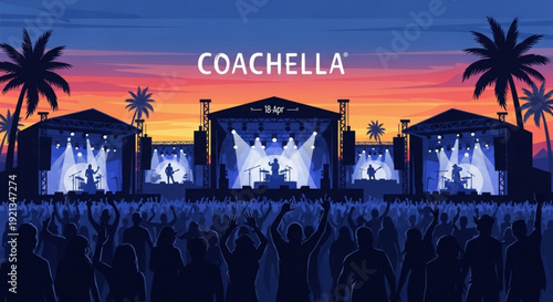 Coachella music festival at sunset with crowd and palm trees outdoor concert with stage and lights