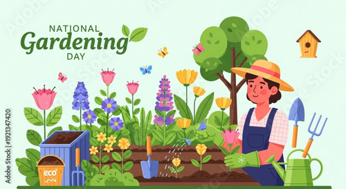 National gardening day illustration with smiling gardener planting flowers in vibrant garden