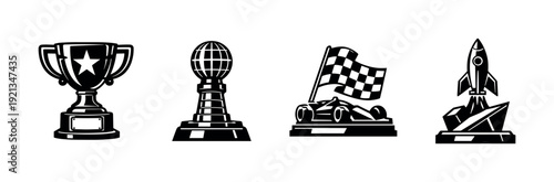 Awards and achievements vector icons set: trophy, globe, racing, rocket