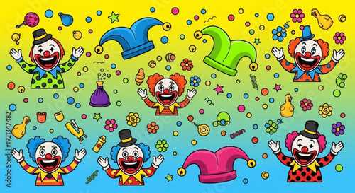 Colorful cartoon clowns in jester hats with confetti and party decorations on yellow green and blue background festive atmosphere
