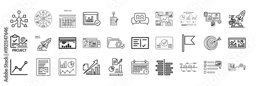 Project Allocation Outline Icon Set Flat Black Vector Bundle