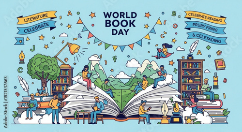 Vibrant world book day celebration scene with open book people reading and learning elements in a colorful landscape