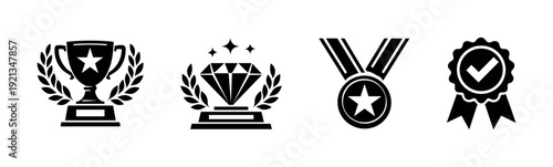 Awards and recognition vector icons set with trophy, medal, and ribbon symbols