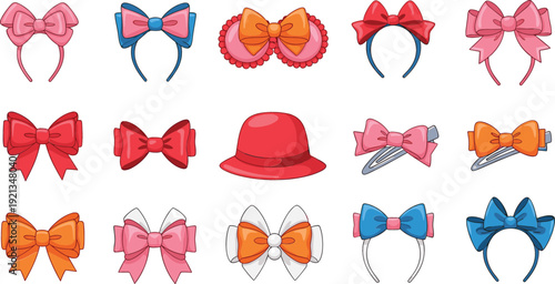 Cute Hair Bow Accessories Vector Illustration Set with Colorful Ribbons Headbands Clips Girls Fashion Flat Cartoon Design