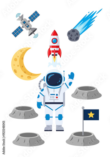 Cartoon space icons including an astronaut rocket satellite moon comet craters and flag