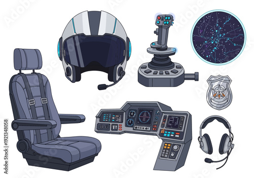 Collection of futuristic vehicle or spaceship cockpit components and gear