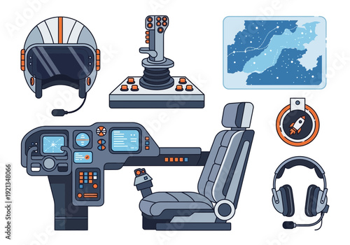 Assortment of aviation and space simulation equipment icons