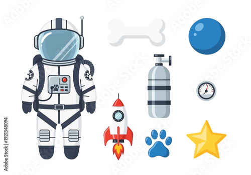 Cartoon space and dogrelated icons astronaut rocket bone paw and star