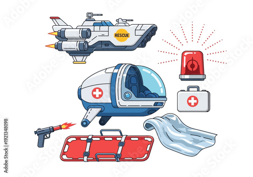 Illustration of futuristic rescue vehicles and medical equipment icons