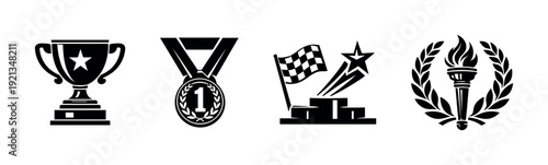 Award and achievement symbols: vector icons set, trophy and prize designs