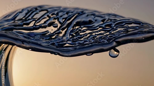 Water flows gracefully, forming droplets and waves while reflecting sunlight in a tranquil outdoor scene, highlighting the elegance of natural movement