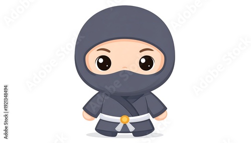A simplified cartoon illustration of a ninja character, portrayed in a kawaii style with a dark grey outfit and a focused expression
