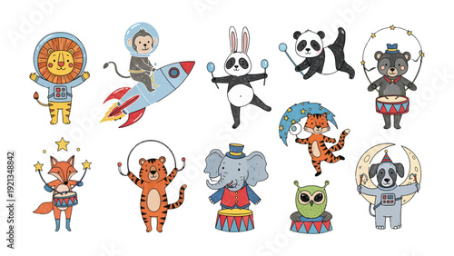 Whimsical Animal Circus: An enchanting illustration presents a whimsical circus, showcasing a collection of adorable animals engaging in entertaining acts, each radiating charm and playfulness.