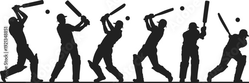 Cricket batsman silhouettes collection, dynamic batting action sports players black shadow athlete illustration set isolated game motion icons