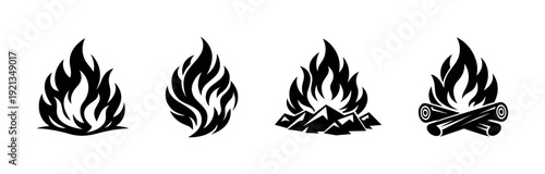 Campfire vector icons set of flame symbols for outdoor, adventure, fire