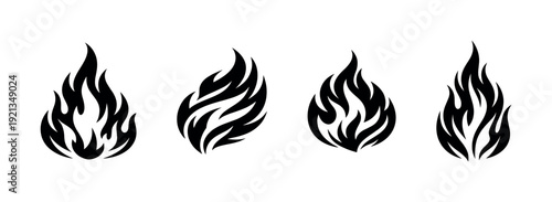 Fire symbols vector icons set with flame designs and fiery emblems
