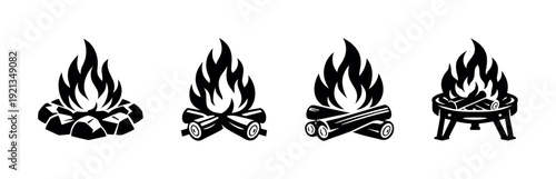 Campfire vector icons set: bonfire symbols, flame silhouettes collection