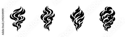 Abstract flames vector icons set. fire symbols in flat black design style