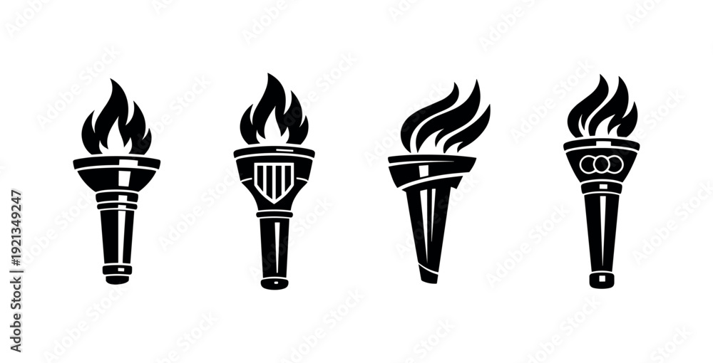 Fototapeta premium Flaming torch vector icons set, torch symbols collection, fire torch designs