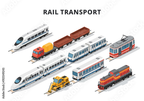 A variety of modern and classic trains and locomotives used for rail transport and travel, depicted in isometric view