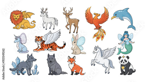 Magical Fauna Illustration: A whimsical collection of mythical creatures and enchanting animals, each rendered with unique characteristics and vibrant colors, ready to spark imagination.