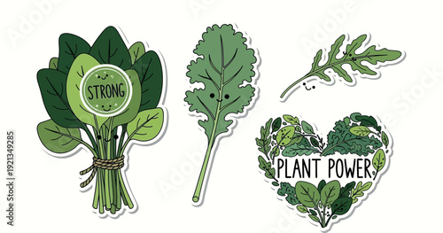 Plant Power Sticker Set: Healthy Spinach Bunch, Kale Leaf with Face, and Heart-Shaped Greens for Vegan, Vegetarian, and Fitness Designs