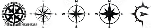 Transparent PNG available
nautical compass navigation icons set. Perfect for marine, sailing, travel themes. black symbols isolated on white background. From simple arrows to complex geometric patt