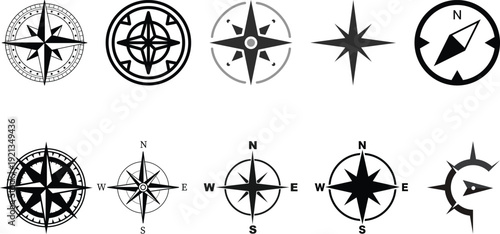 Transparent PNG available
nautical compass navigation icons set. Perfect for marine, sailing, travel themes. black symbols isolated on white background. From simple arrows to complex geometric patt
