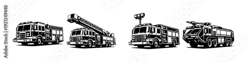 Fire trucks vector icons set with emergency vehicles, fire engines, rescue trucks