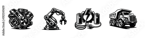 Industrial tools vector icons set: machinery, equipment, and engineering symbols